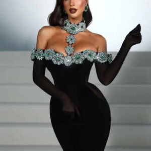 Elegant Black Maxi Bandage Dress with Crystal Accents
