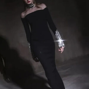 Elegant Black Maxi Dress with Crystal Diamonds for Parties