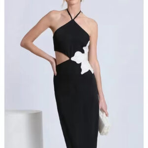 Elegant Black Midi Bodycon Dress with Backless Flower Detail