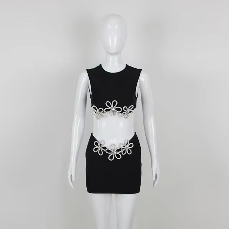 Elegant Black Skirt Set with Off-Shoulder Crop Top