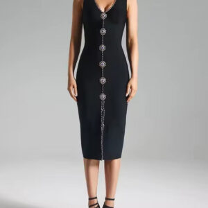 Elegant Black V-Neck Midi Dress with Crystal Accents