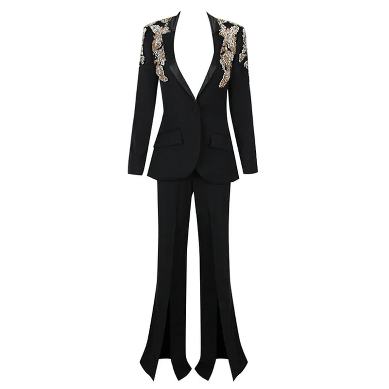 Elegant Blazer Suit with Wide Leg Pants and Top