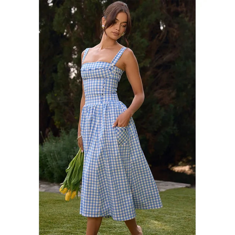 Elegant Blue Gingham Midi Sundress with Spaghetti Straps