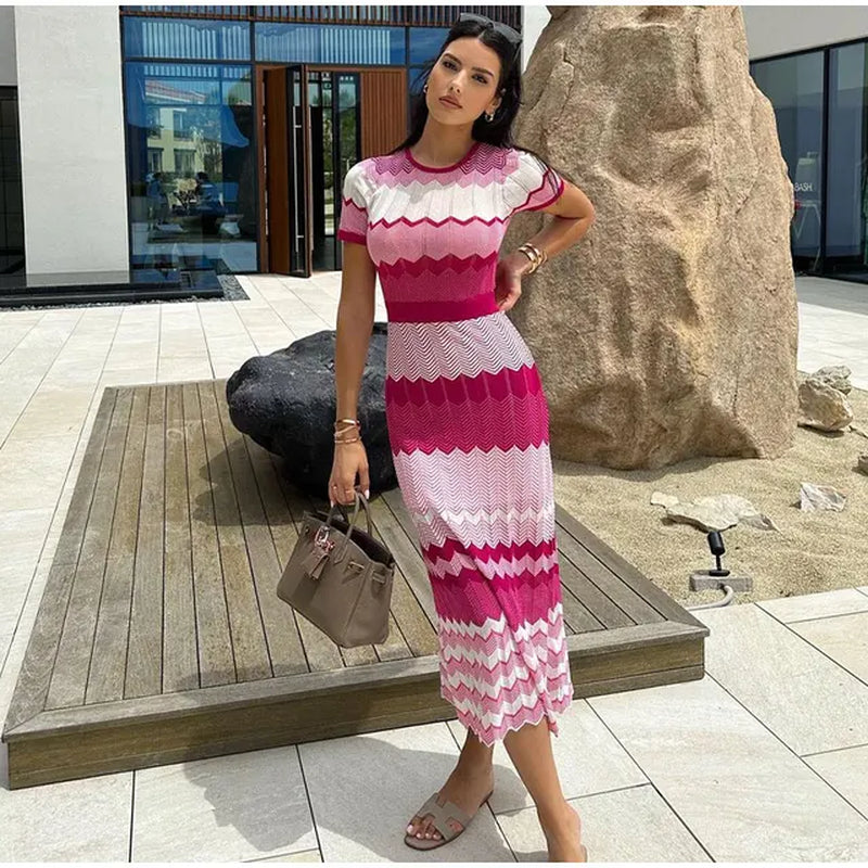 Elegant Contrast Knitted Maxi Dress for Women - Casual & Stylish
