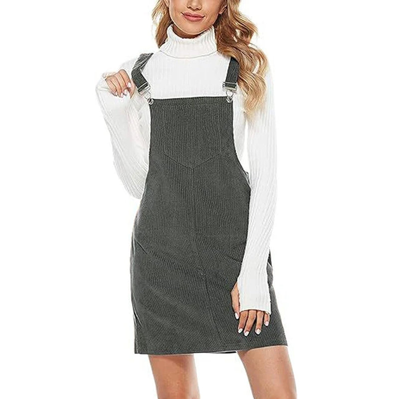 Elegant Corduroy Button-Up Overall Dress with Pockets for Teens