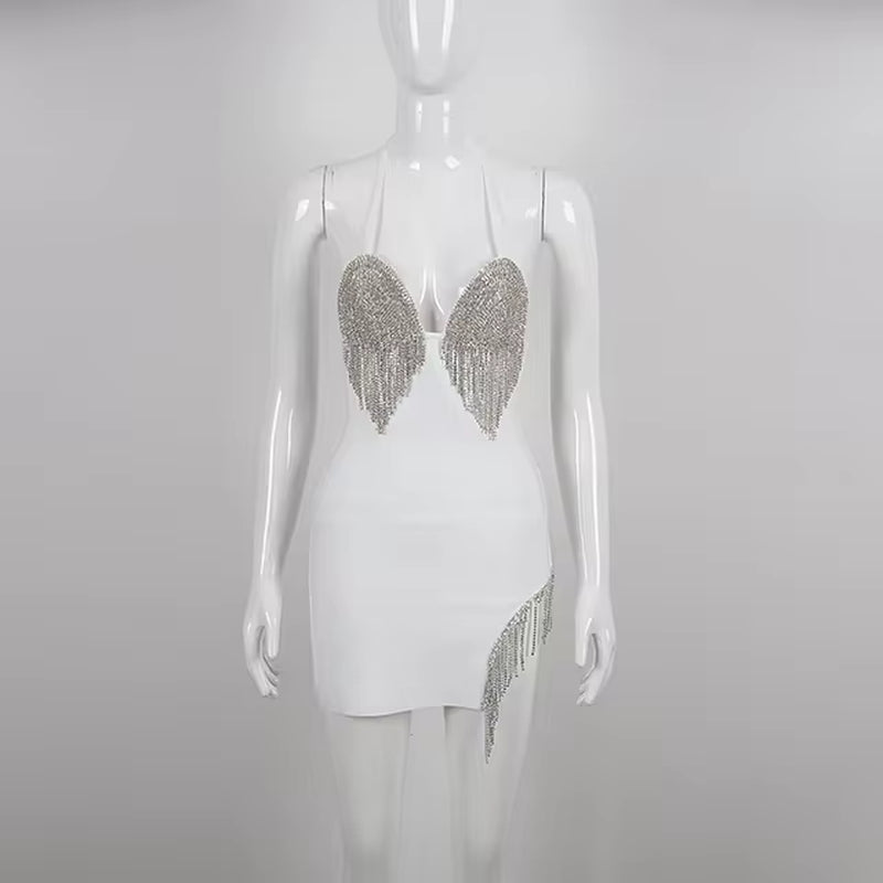 Elegant Crystal Beaded Halter Bodycon Evening Dress for Women