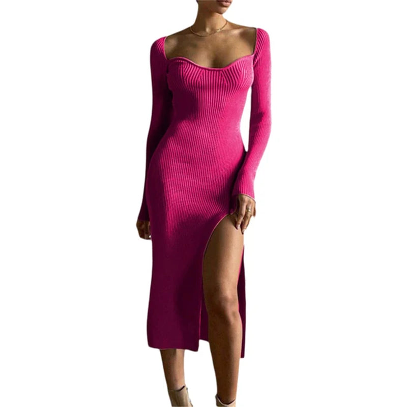 Elegant Deep V Neck Side Slit Sweater Dress