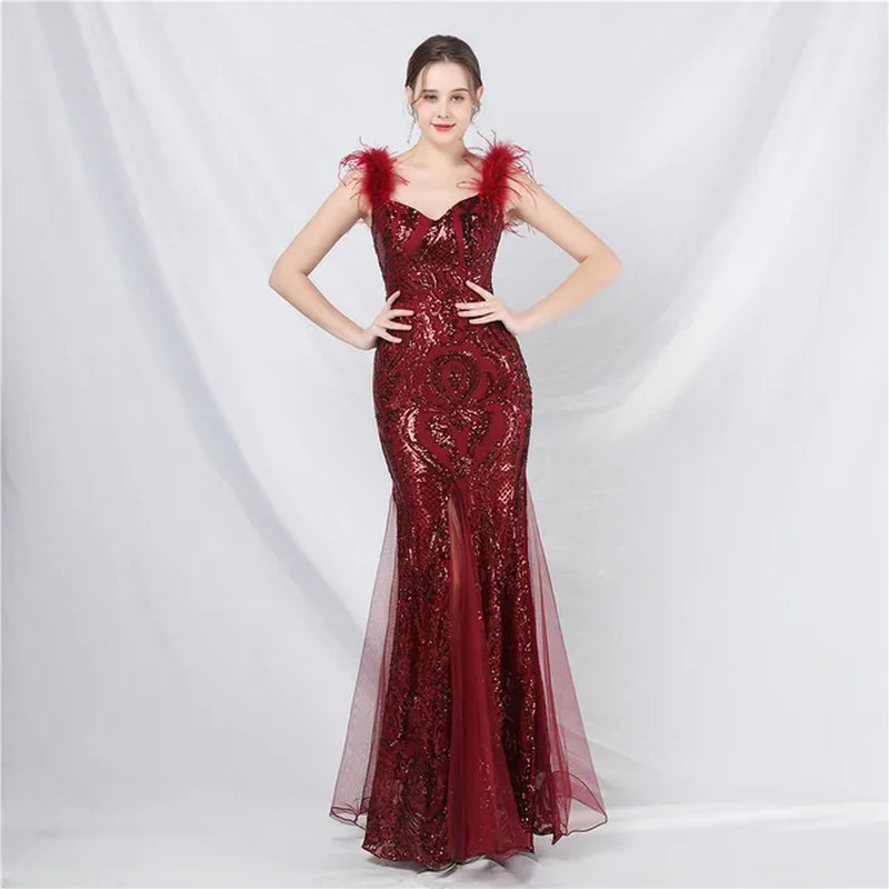Elegant Feather Sequin Sleeveless Maxi Dress for Parties