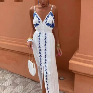 Elegant Floral Cotton Maxi Dress with Slit Hem
