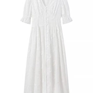 Elegant Floral Embroidered Midi Dress with Puff Sleeves