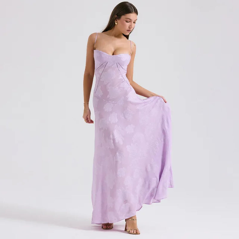Elegant Floral Lace Back Maxi Dress for Evening Parties