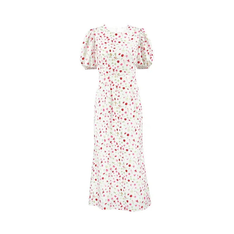 Elegant Floral Puff Sleeve Midi Dress for Summer Parties