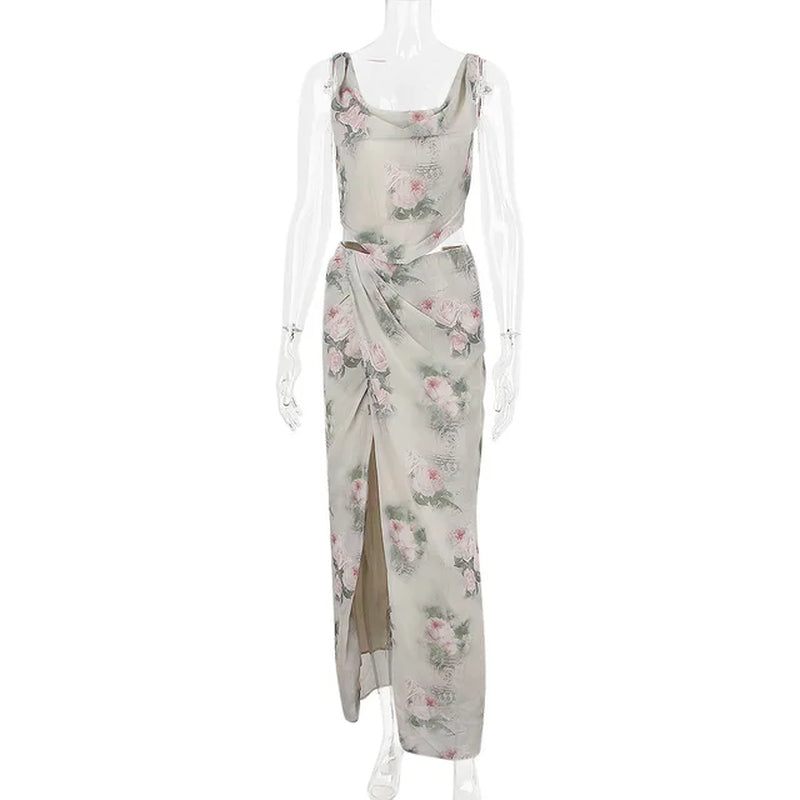 Elegant Floral Two-Piece Maxi Dress with Open Back