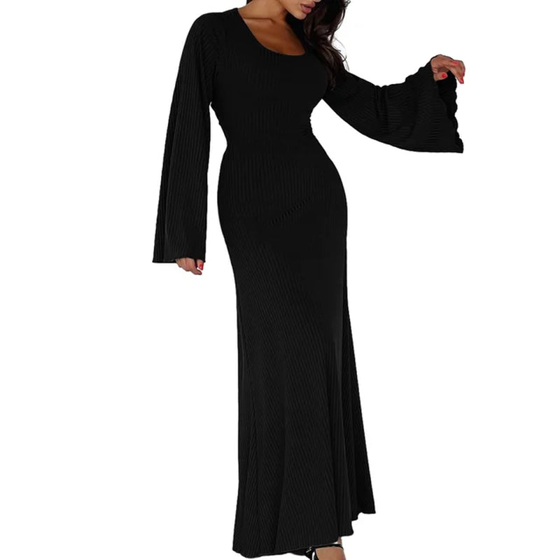 Elegant Gothic U-Neck Maxi Dress with Flare Sleeves