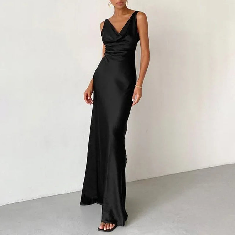 Elegant High-Waisted Satin Wrapped Dress for Formal Events