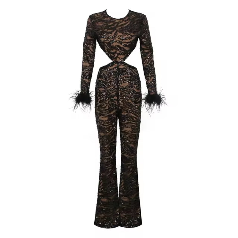 Elegant Hollow Backless Lace Jumpsuit with Sequin Detail