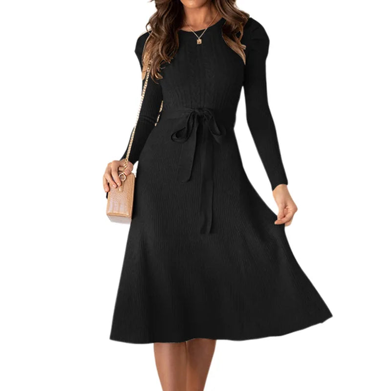 Elegant Knitted Midi Dress with Belt for Casual Wear
