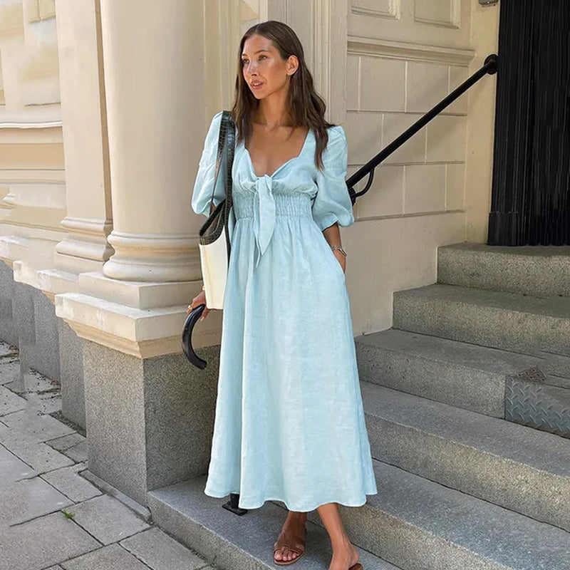 Elegant Low Cut V-Neck High Waist Cotton Linen Dress