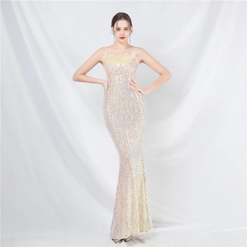 Elegant Mermaid Maxi Dress with Sequins & Feathers
