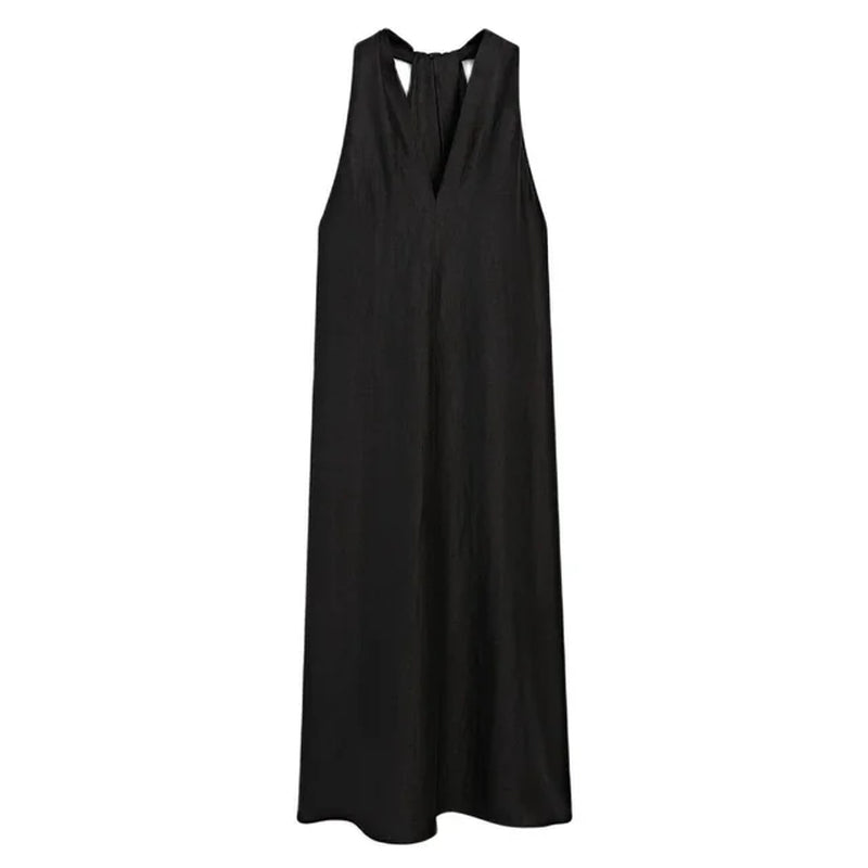Elegant Minimalist Black V-Neck Off-The-Shoulder Dress for Women