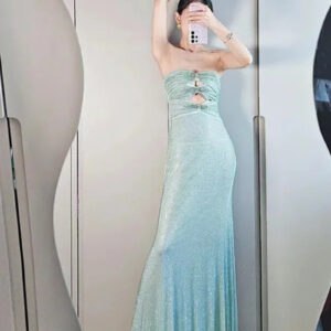 Elegant Mint Rhinestone Strapless Mermaid Maxi Dress