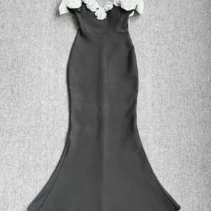 Elegant Off-Shoulder Black Maxi Dress with Floral Accents