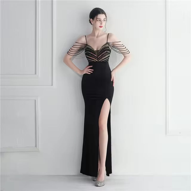 Elegant Off-Shoulder Sequin Tassel Mermaid Bodycon Dress
