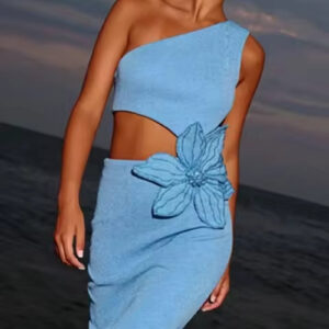 Elegant One Shoulder Cut-Out Flower Midi Dress for Parties