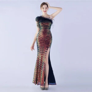 Elegant One-Shoulder Feather Sequin Mermaid Prom Dress