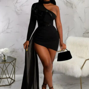 Elegant One-Shoulder Long Sleeve Ribbon Maxi Dress