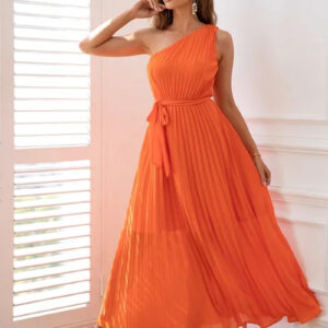 Elegant One-Shoulder Pleated Belted Dress for Any Occasion