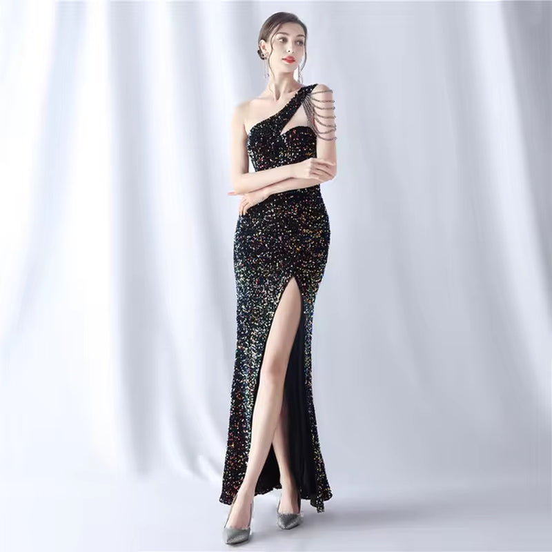Elegant One-Shoulder Sequin Maxi Dress for Evening Parties