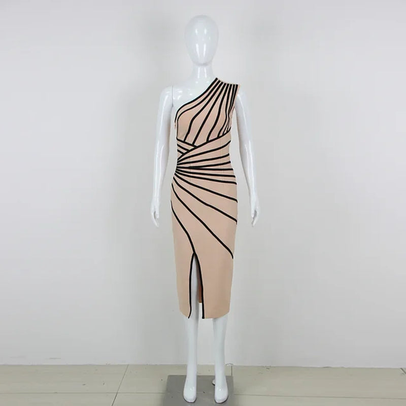 Elegant One-Shoulder Sleeveless Midi Slit Bodycon Dress