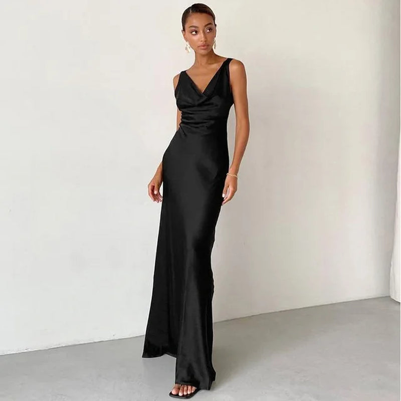 Elegant Open Back Ice Silk Black Summer Dress