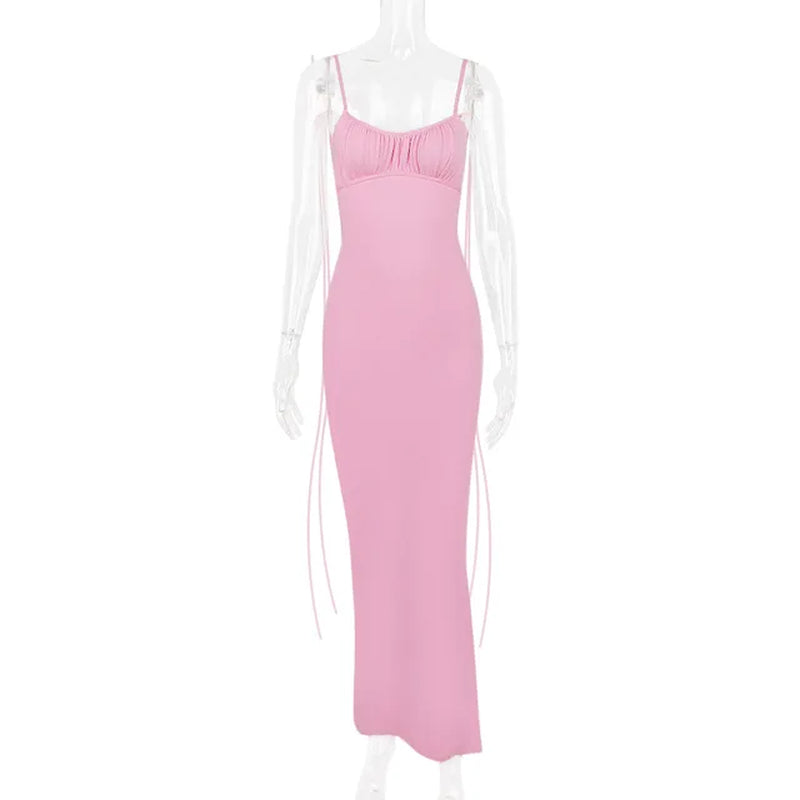 Elegant Open Back Shirred Strap Midi Dress for Women