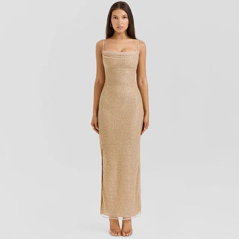 Elegant Pearl-Embellished Sleeveless Maxi Dress for Parties