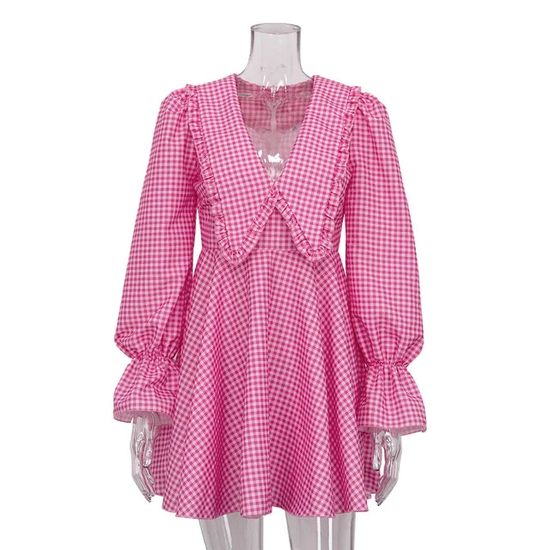Elegant Pink Plaid A-Line Mini Dress with Butterfly Collar