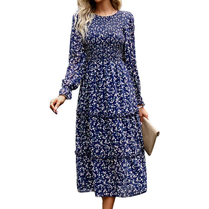 Elegant Pleated Midi Dress for Women - Long Sleeve Chic Look