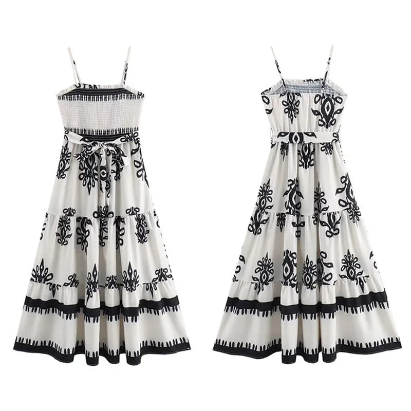 Elegant Printed Sleeveless Bow Backless Womenâ€™s Sling Dress