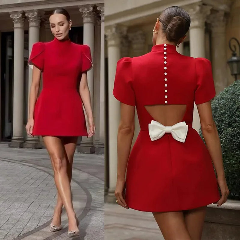 Elegant Red Mini Dress with Bow and Short Sleeves