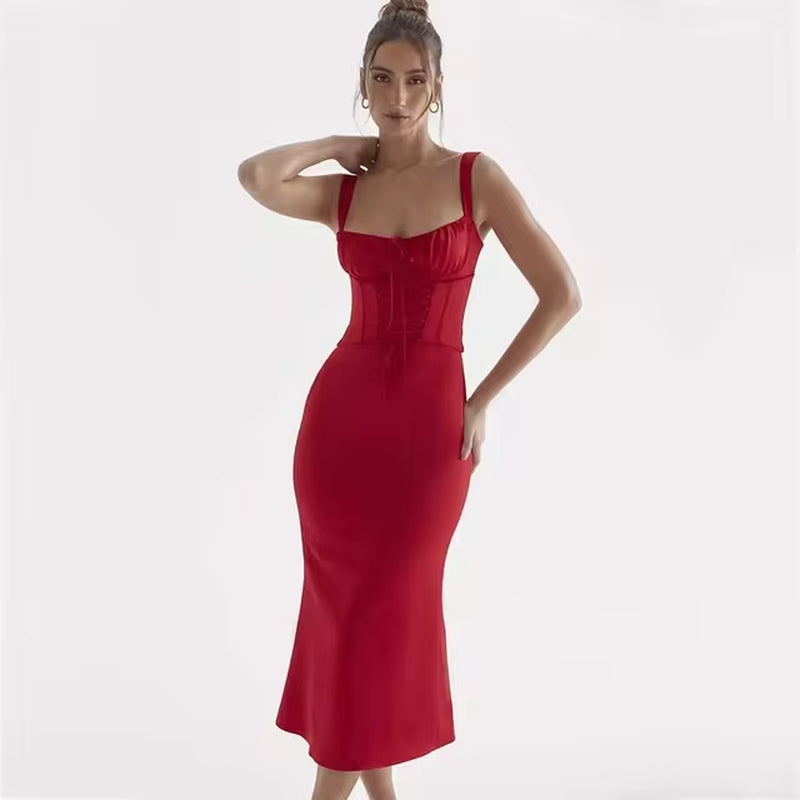 Elegant Red Satin Midi Dress for Summer Parties