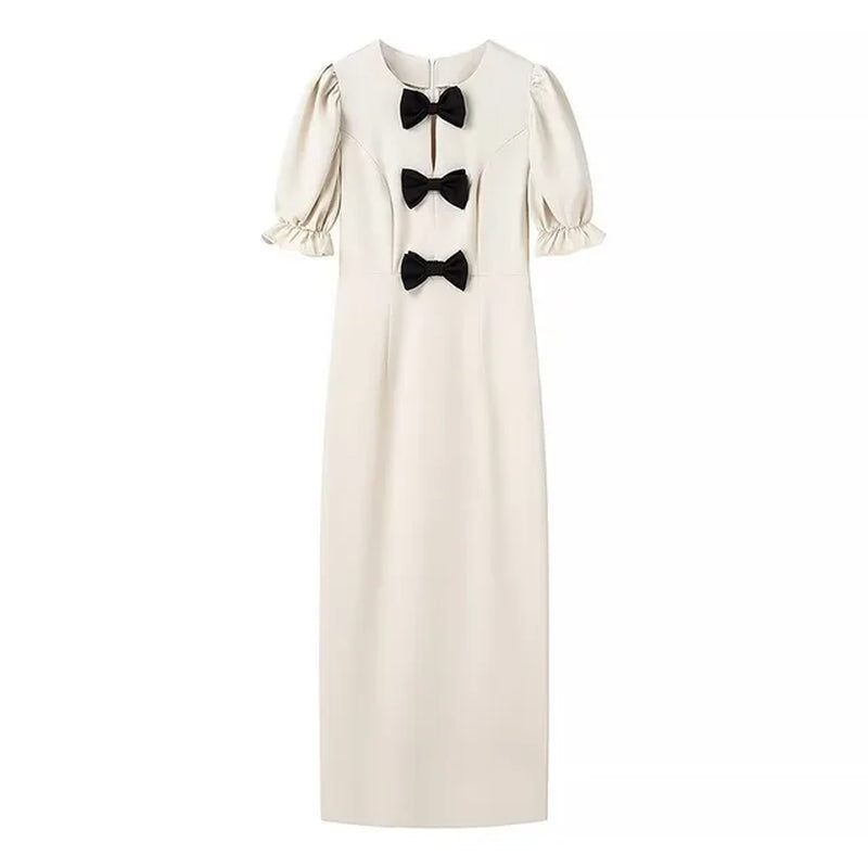 Elegant Retro Bow Bubble Sleeve Summer Dress for Women