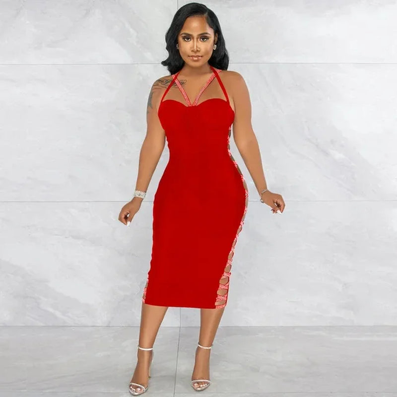 Elegant Rhinestone Straps Hollow Out Midi Dress for Parties