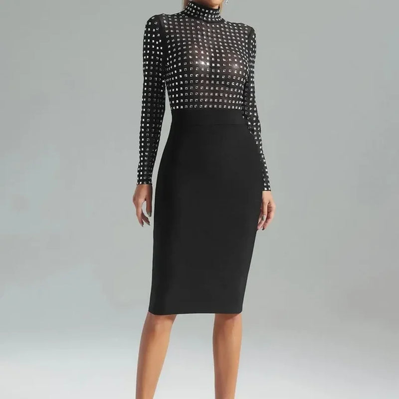 Elegant Rhinestone Turtleneck Black Midi Bodycon Dress