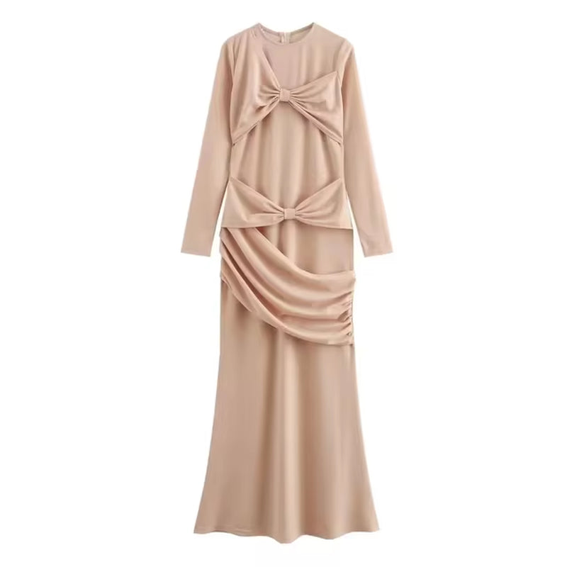 Elegant Ruched Maxi Dress with Bow and Long Sleeves