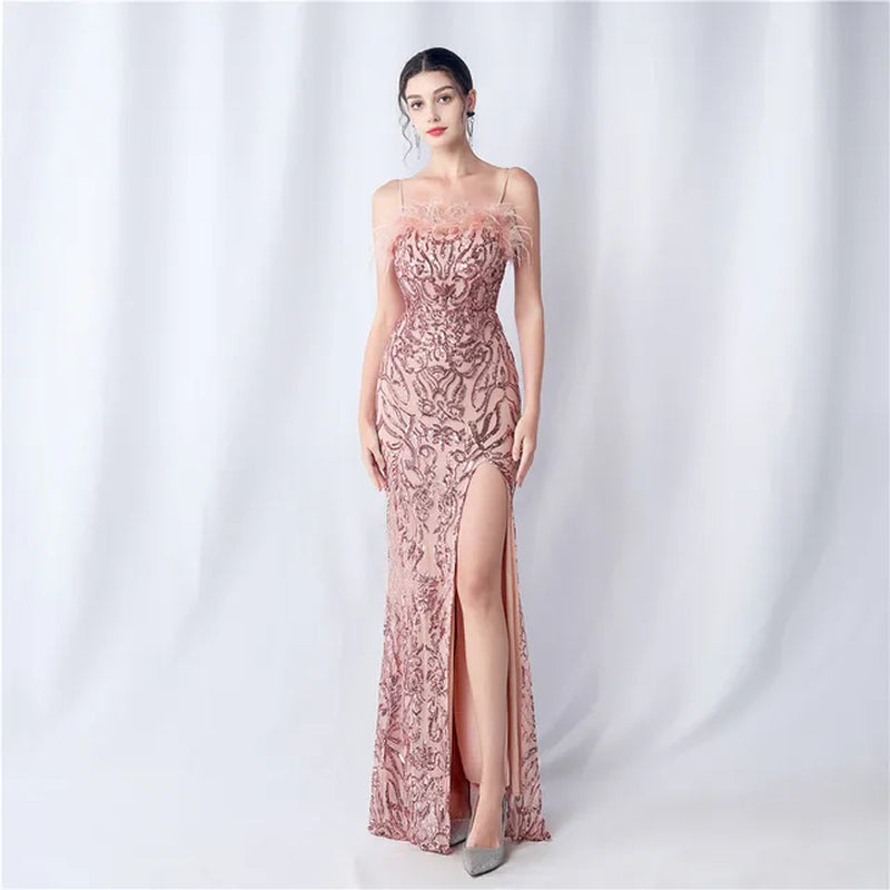 Elegant Sequin Maxi Dress with Split for Evening Events