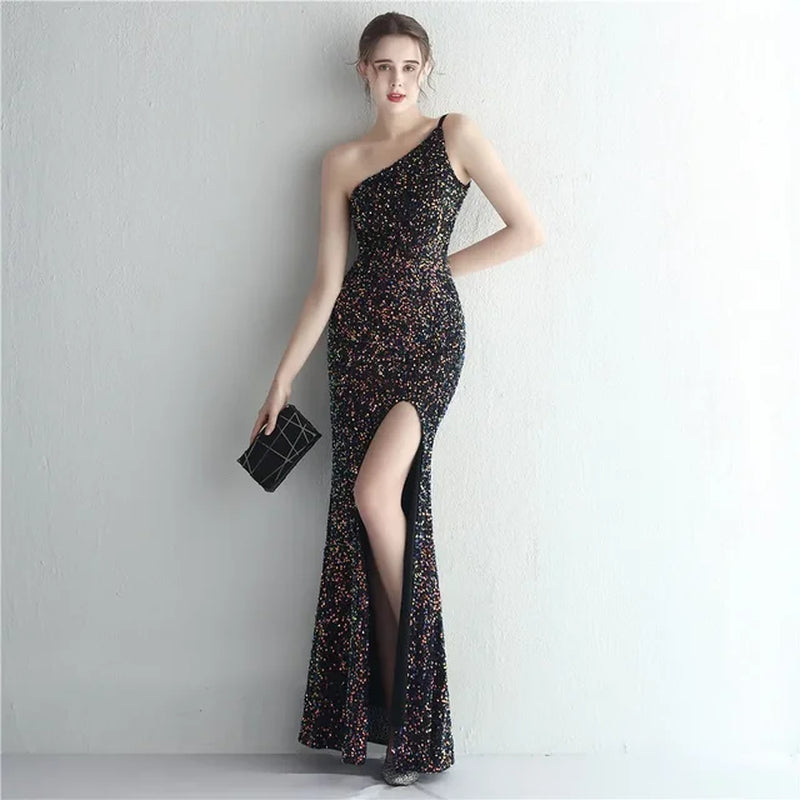 Elegant Sequin One Shoulder Maxi Dress for Weddings