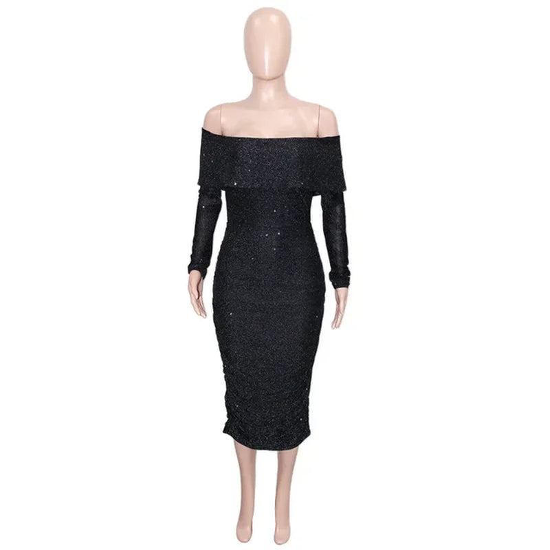 Elegant Silver Filigree Long Sleeve Bodycon Midi Dress