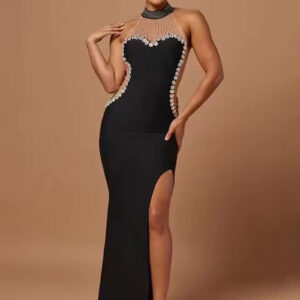Elegant Sleeveless High Split Crystal Bandage Maxi Dress