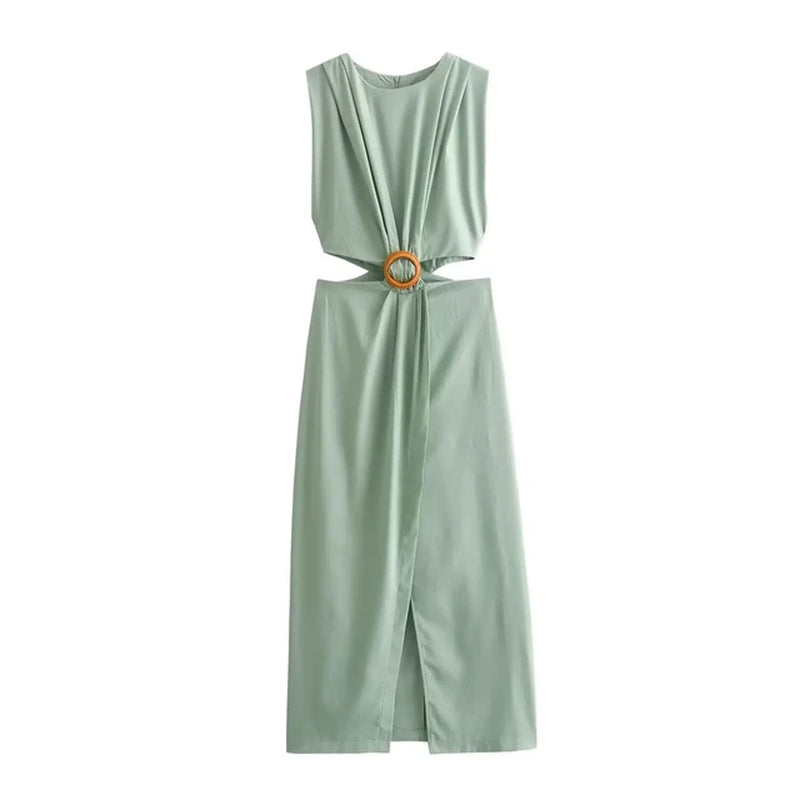 Elegant Sleeveless Midi Dress with Split Hem and Hollow Out